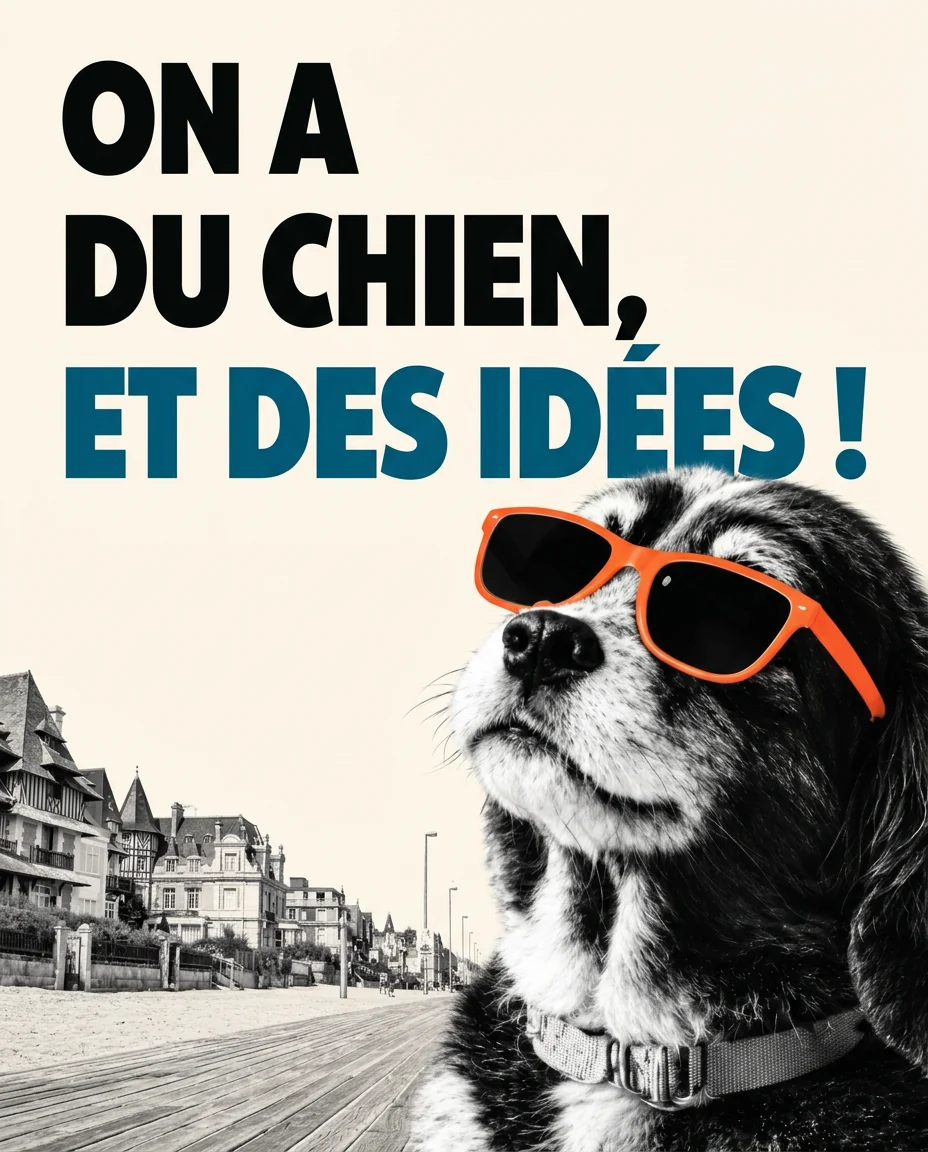 Un chien à lunettes orange sur les planches de Trouville, en noir et blanc sur fond crème