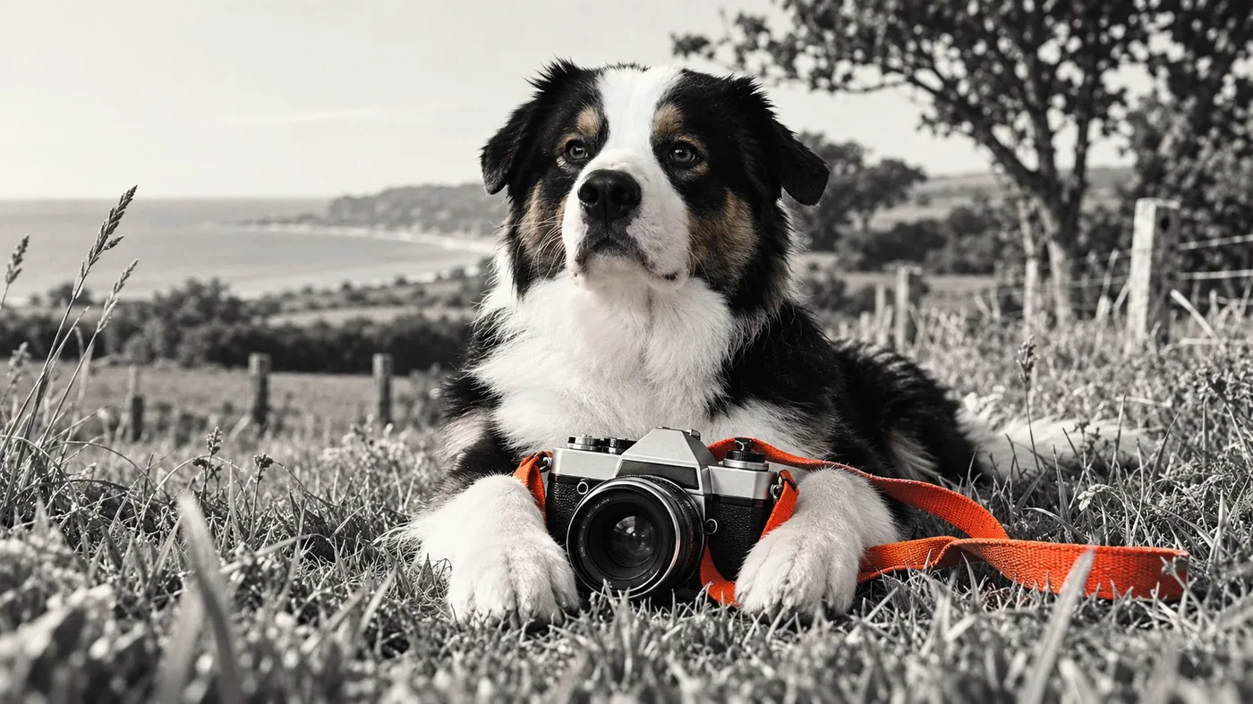Un chien couché face à l’objectif avec un vieil appareil photo, la mer en arrière-plan